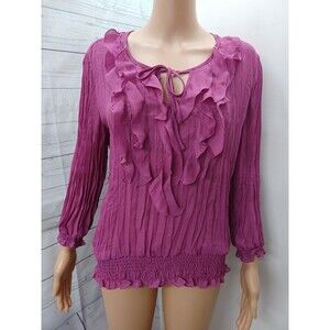Sunny Leigh Women's Pink Purple Long Sleeve Blouse L Semi Sheer Tie Neck Peasant